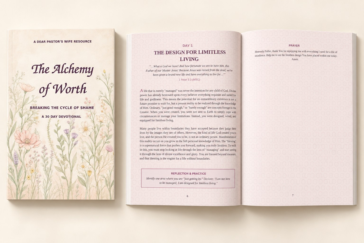 The Alchemy of Worth floral cover with sample devotional and prayer pages