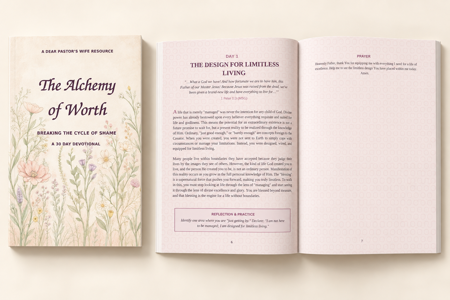 The Alchemy of Worth mockup showing its cream floral cover, plum lettering and patterned Day 1 reading and prayer pages