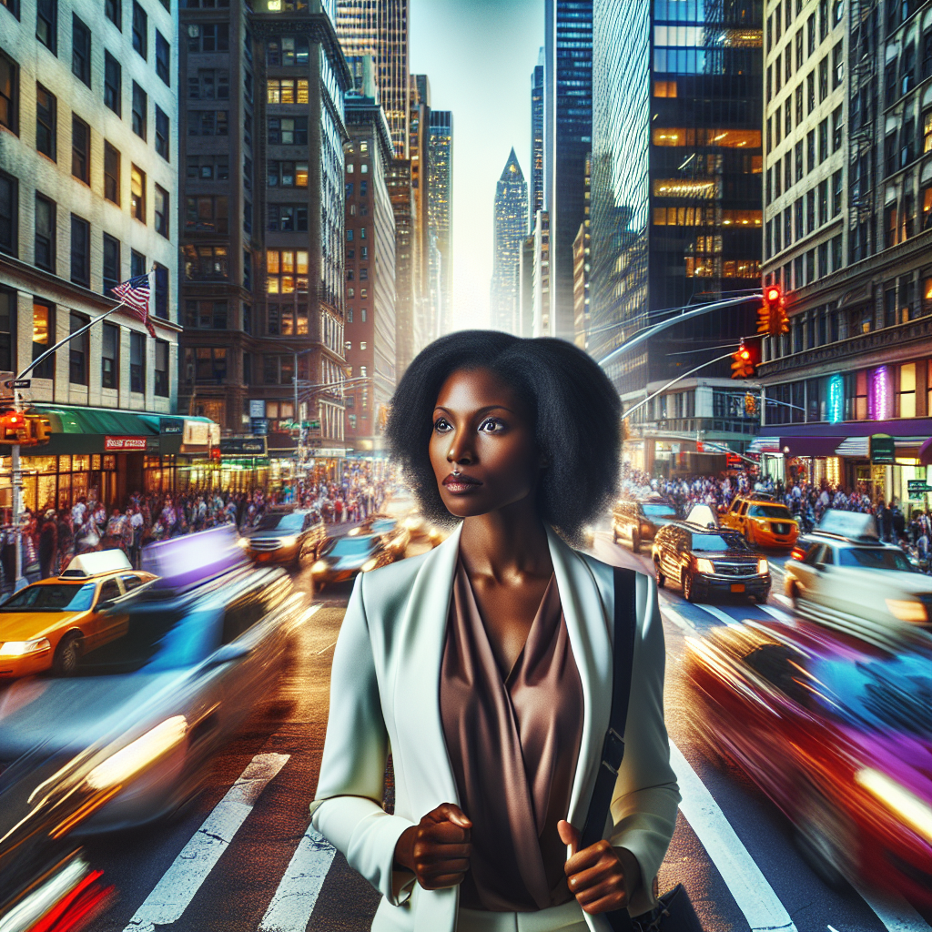 A black woman who feels empowered amidst chaotic environent like a busy NYC intersection